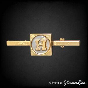 Vintage Letter H Initial Monogrammed Mother Of Pearl Gold Tone Bar Brooch Pin